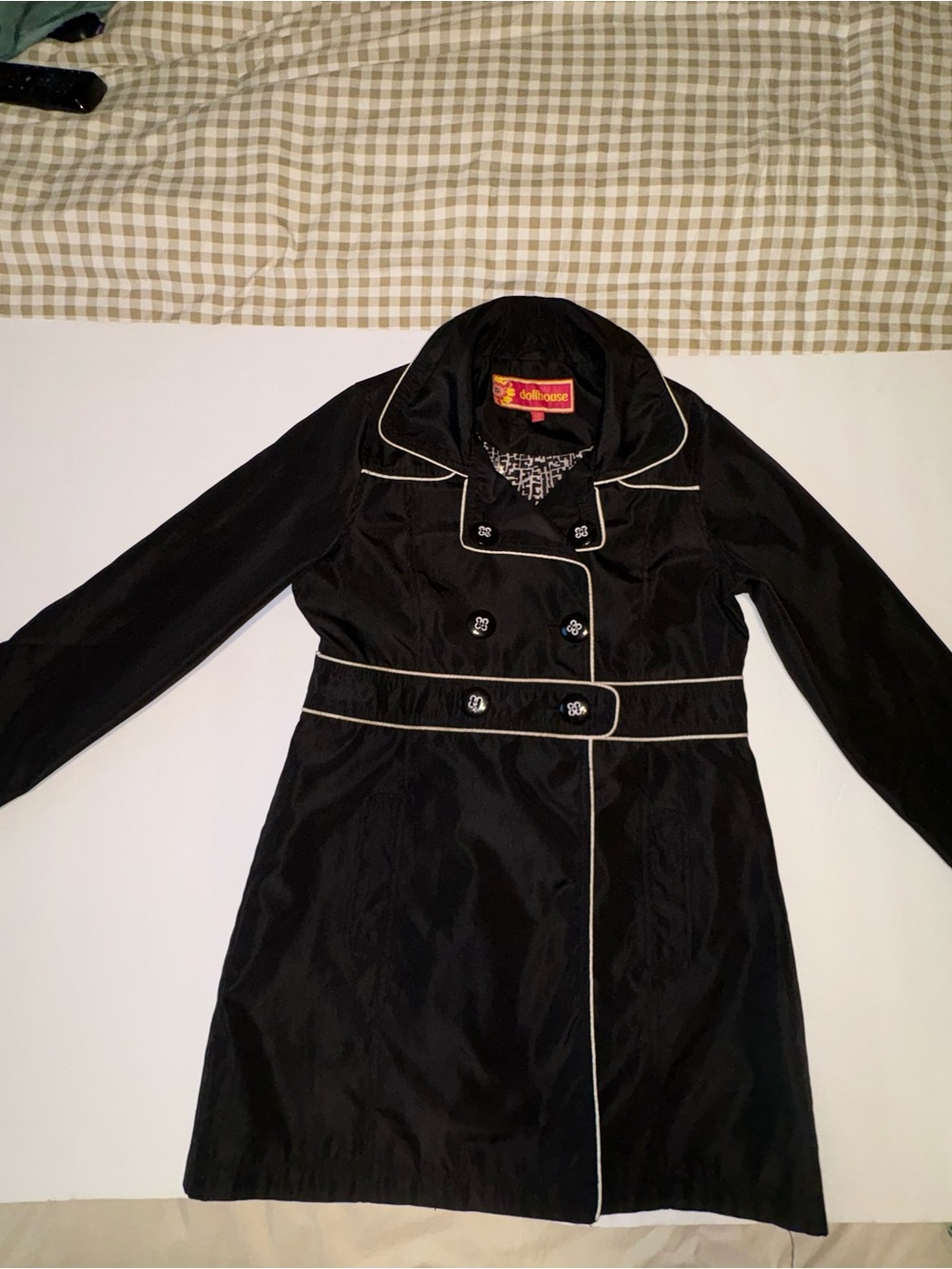 Dollhouse Black Trench Coat with White Piping